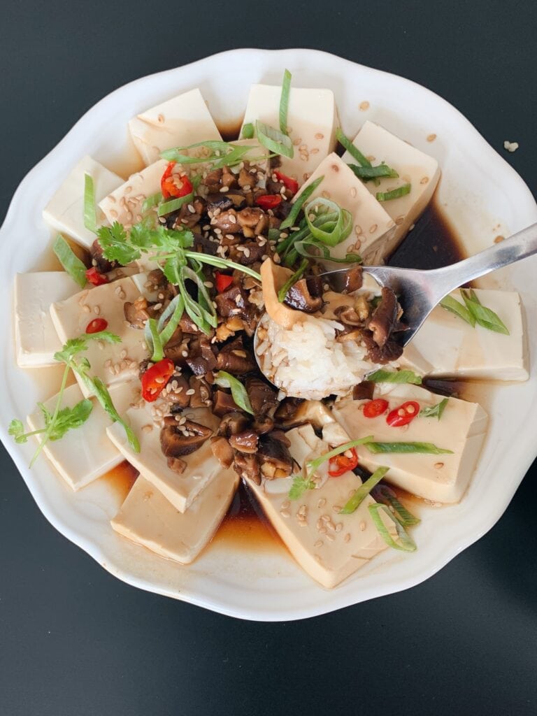Steamed Silken Tofu with Mushroom Sauce