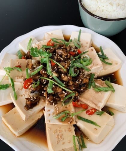 Steamed Silken Tofu w/ Mushroom Sauce