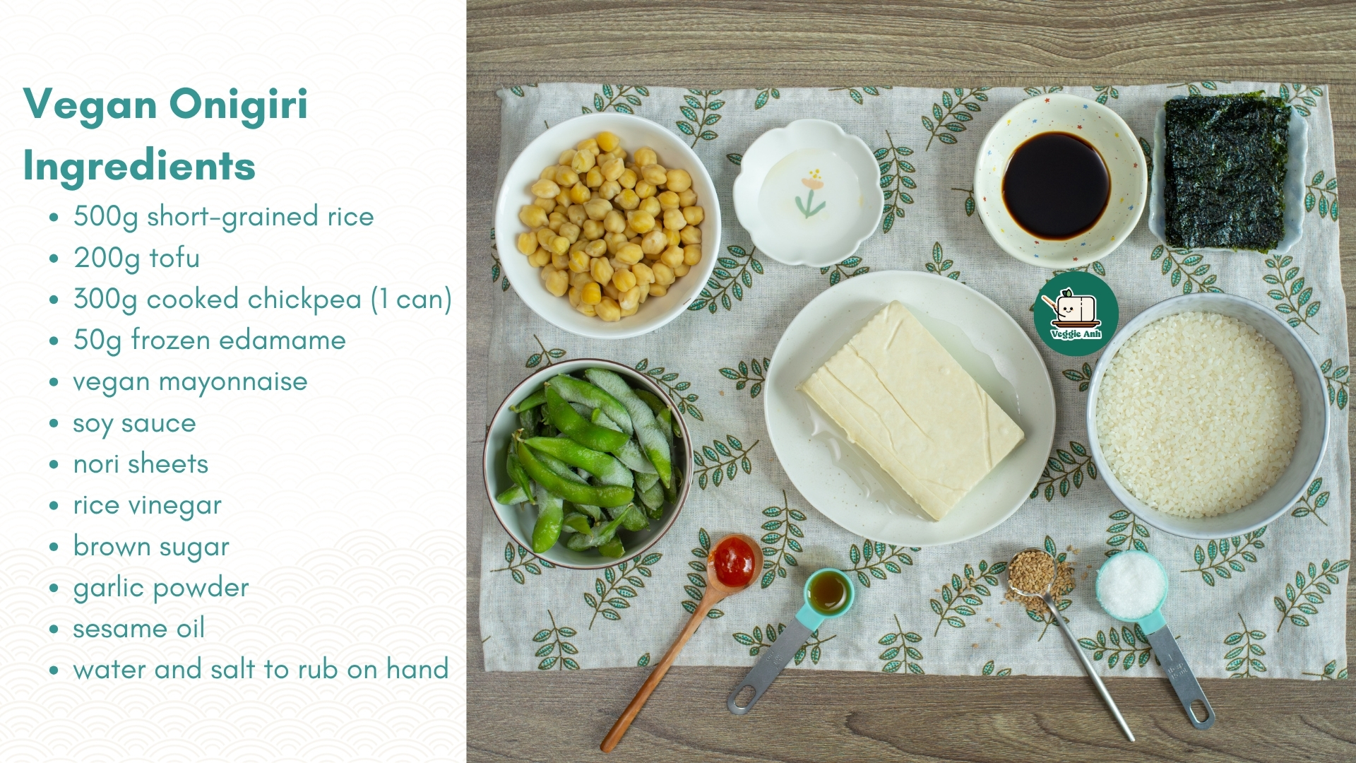 list of vegan onigiri ingredients with texts on the left and pictures on the right