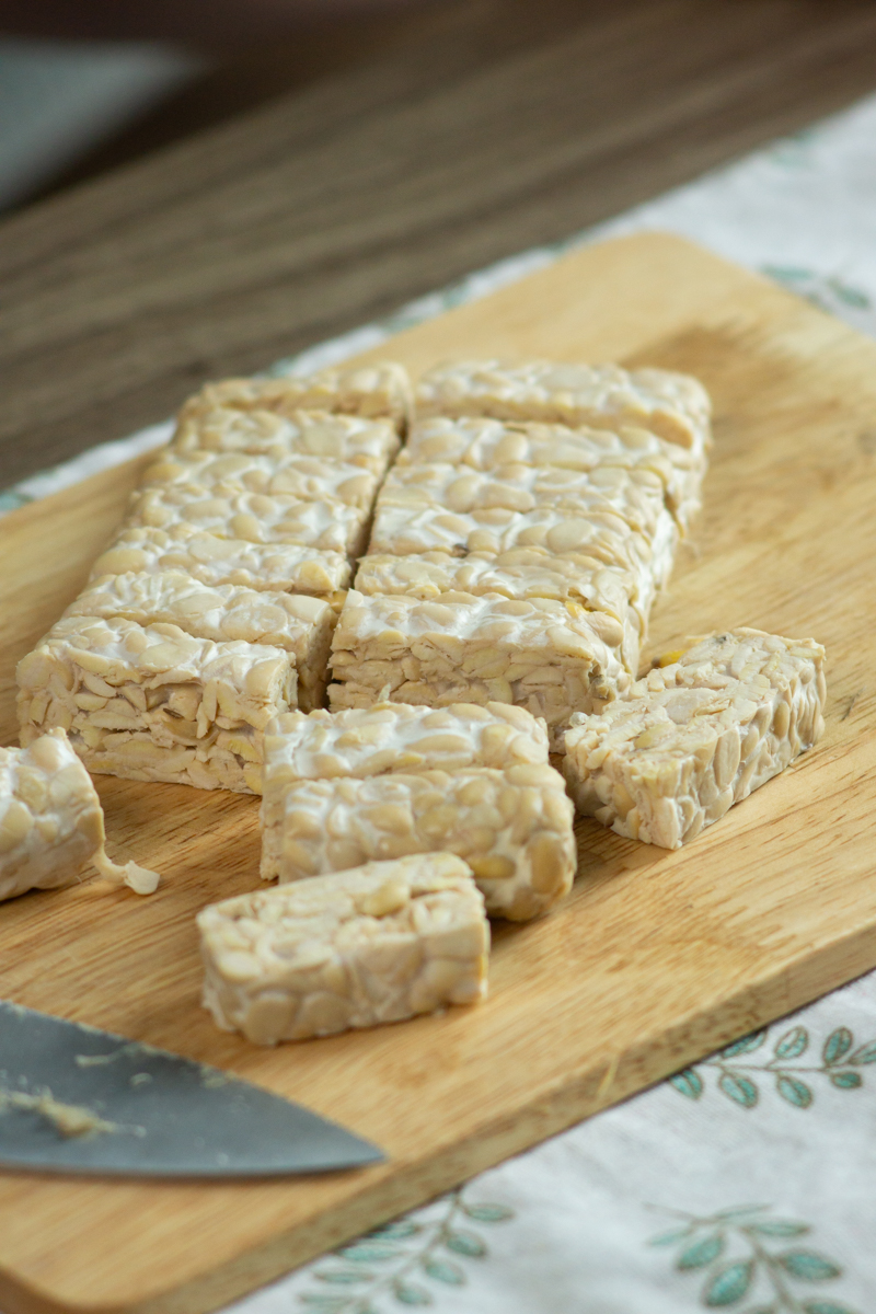 cutting the tempeh
