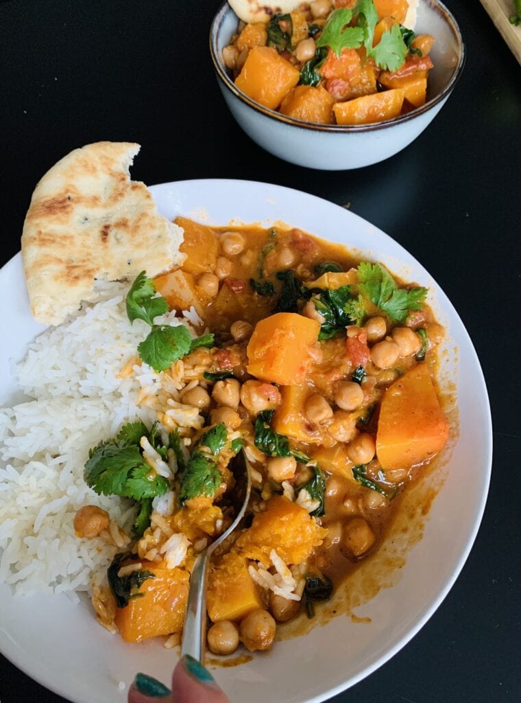 Butternut Squash Curry with Chickpeas serve with rice