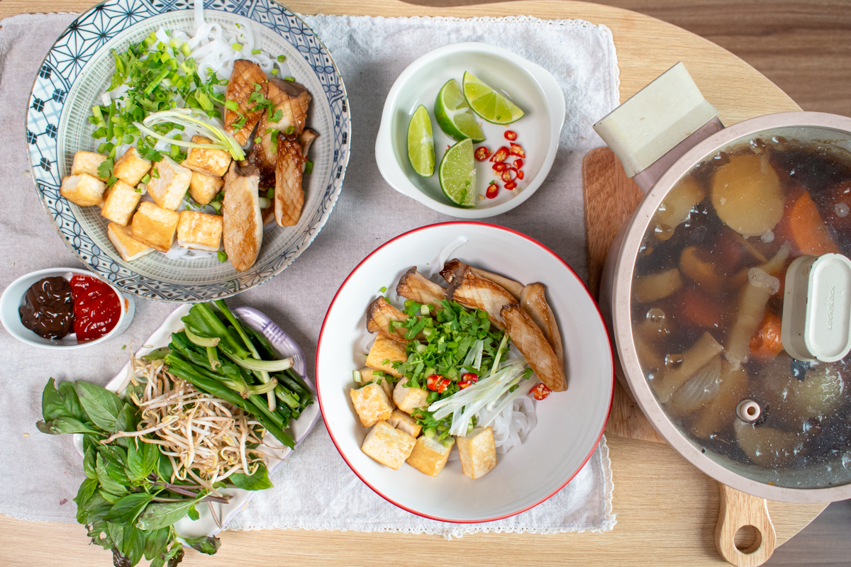 vegan pho with tofu and mushroom