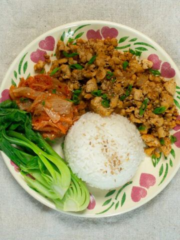 a plate of tofu bulgogi with rice, kimchi and cabbage