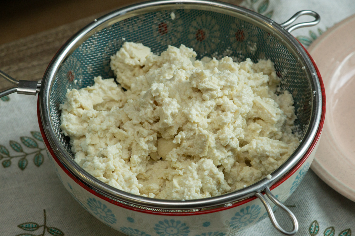 crumbled tofu on a shieve