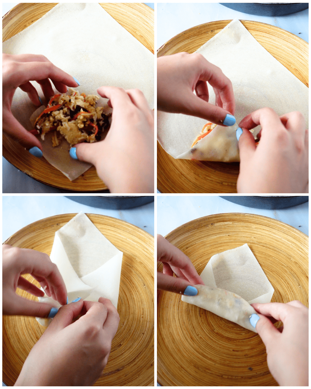 Steps to fold the vegan Egg Rolls