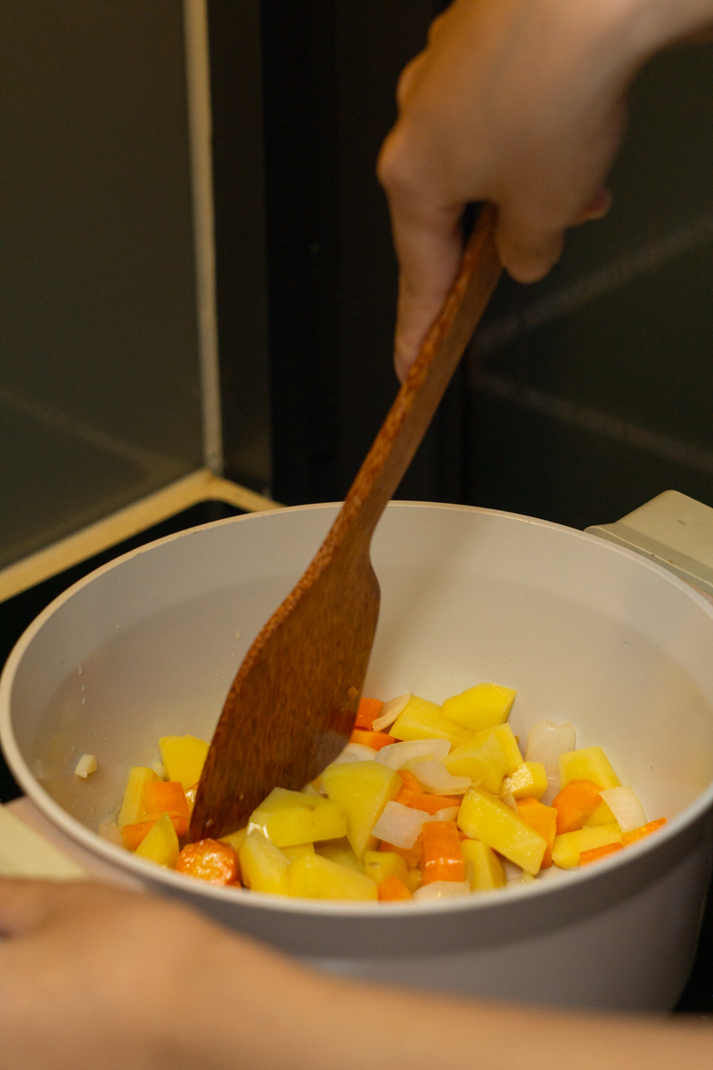 saute onions, garlic, ginger, carrot and potato