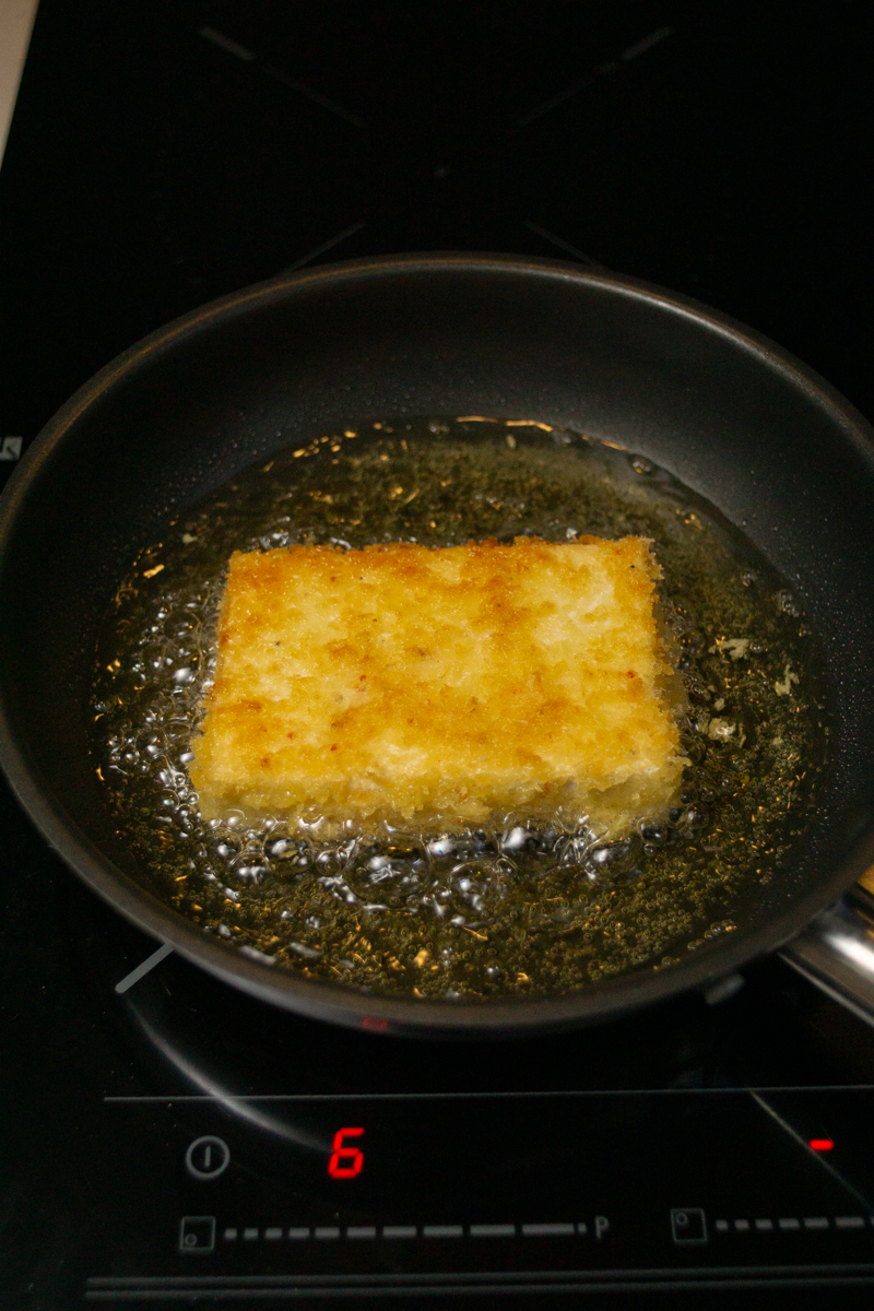 frying the tofu cutlets until golden