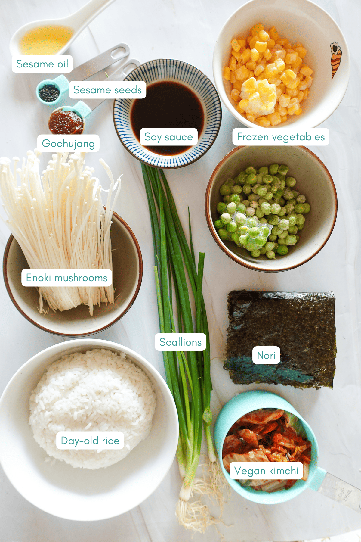 Ingredients of vegan Kimchi Fried Rice
