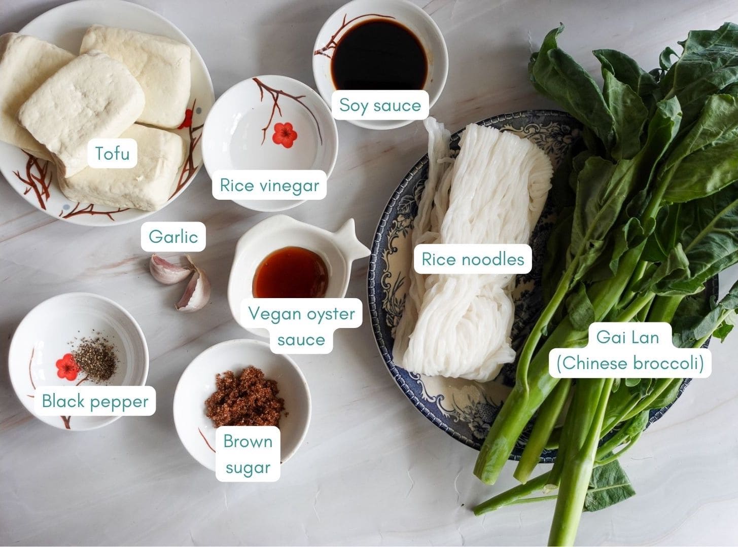 An overhead shot of the ingredients in the vegan Pad See Ew recipe