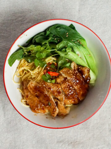 a bowl of vegan pecking duck noodle
