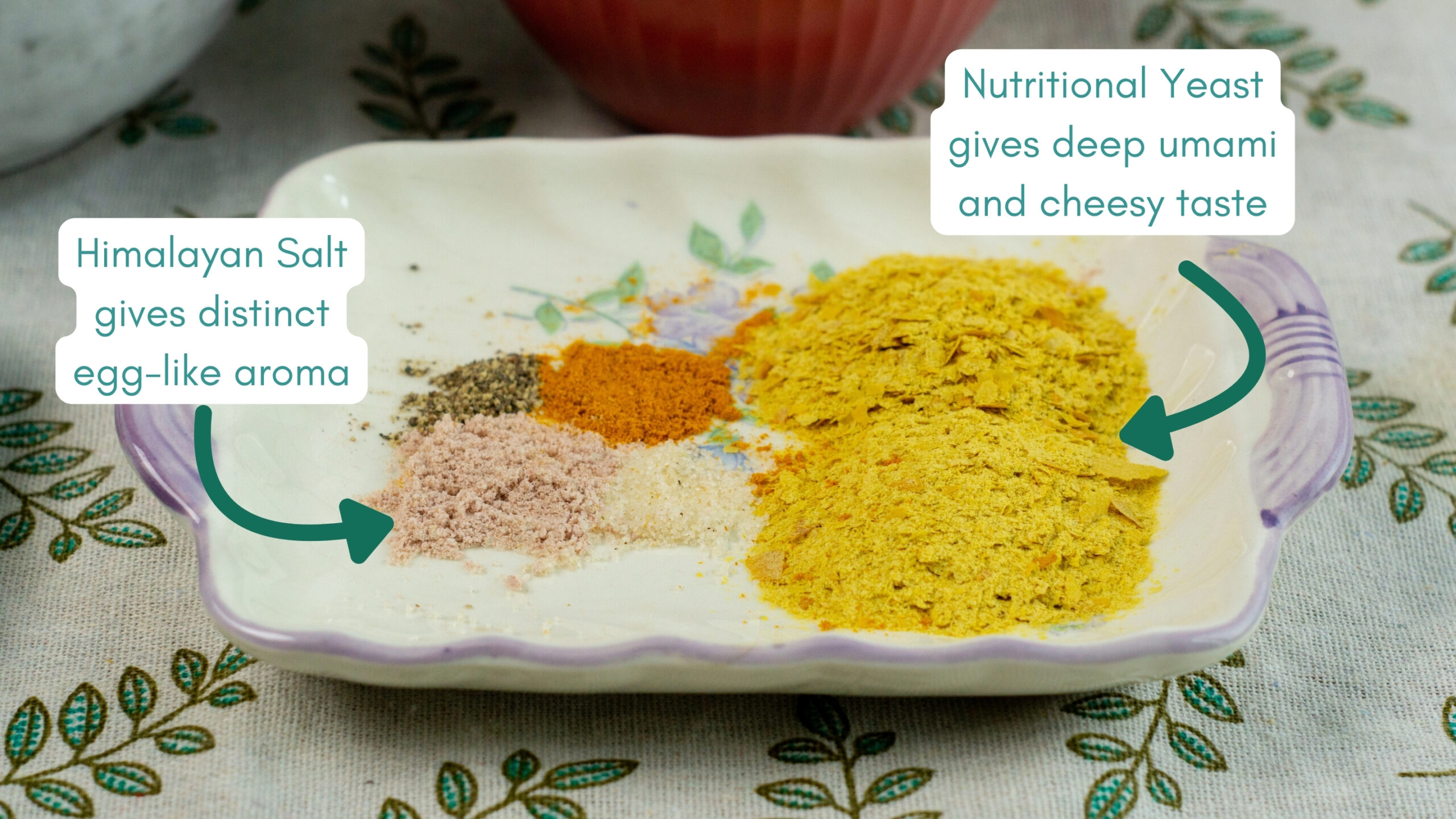 a plate containing nutritional yeast, himalayan salt, and other spices
