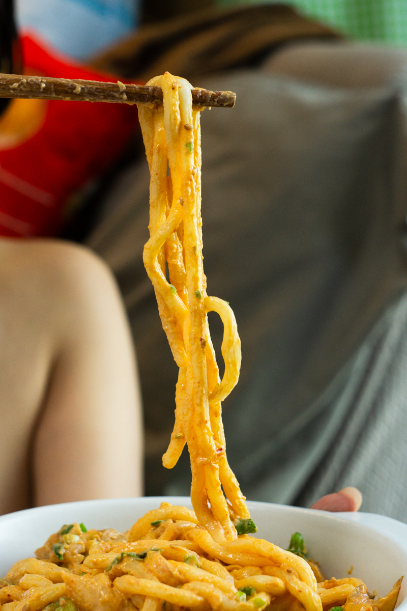 eating vegan kimchi udon