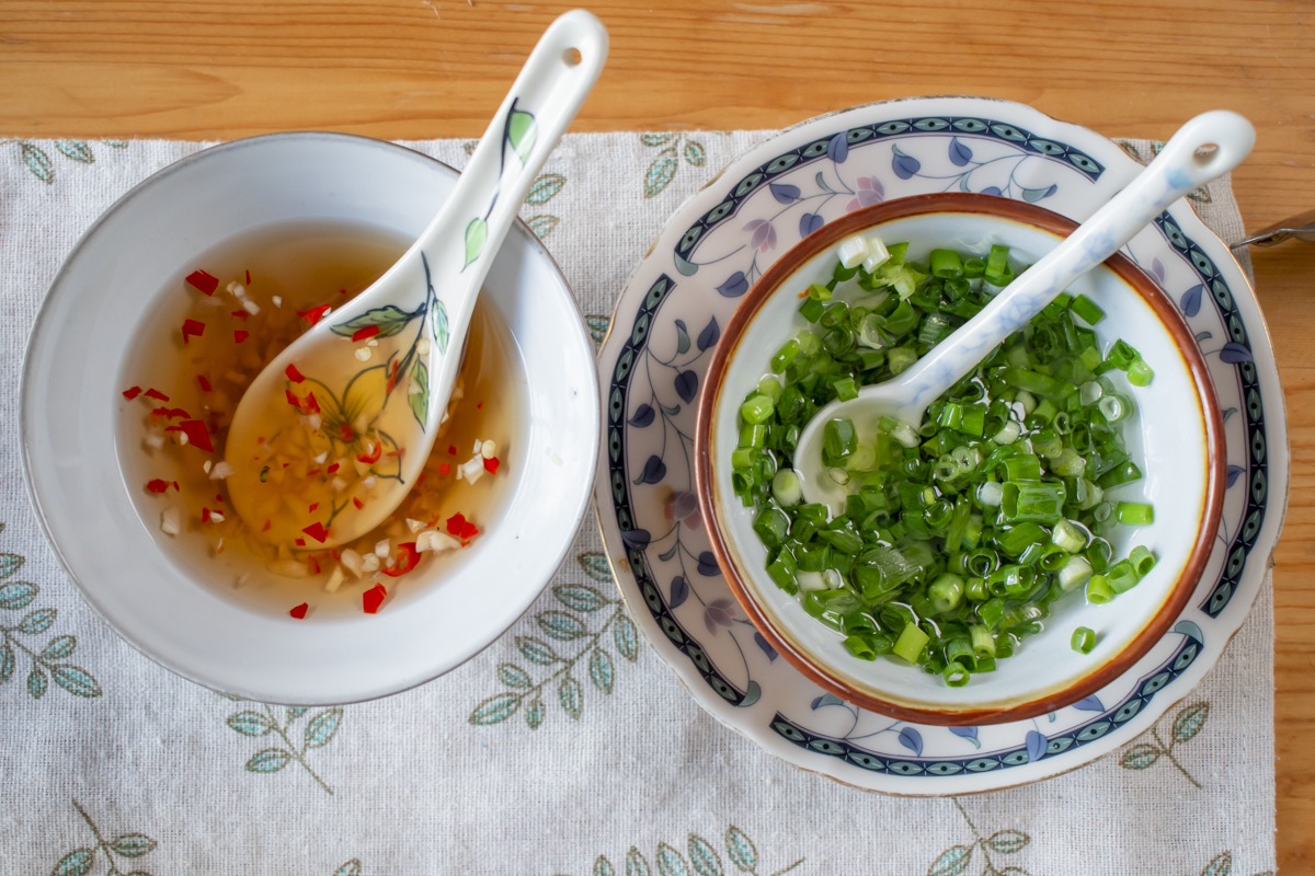 making nuoc cham and scallion oil to eat with vegan bun thit nuong